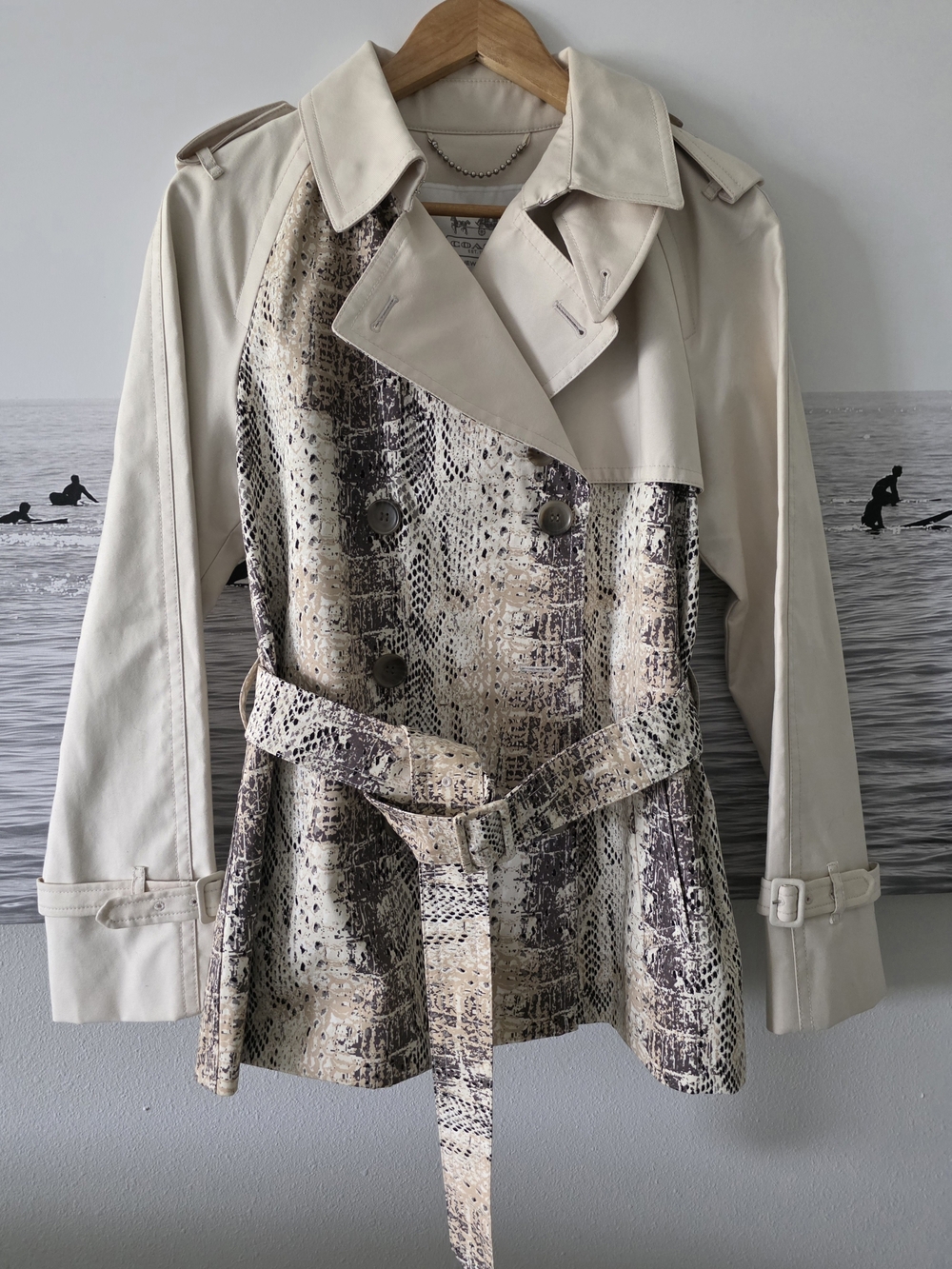 Coach Beige Trench Coat with Snake-Print Front Panel